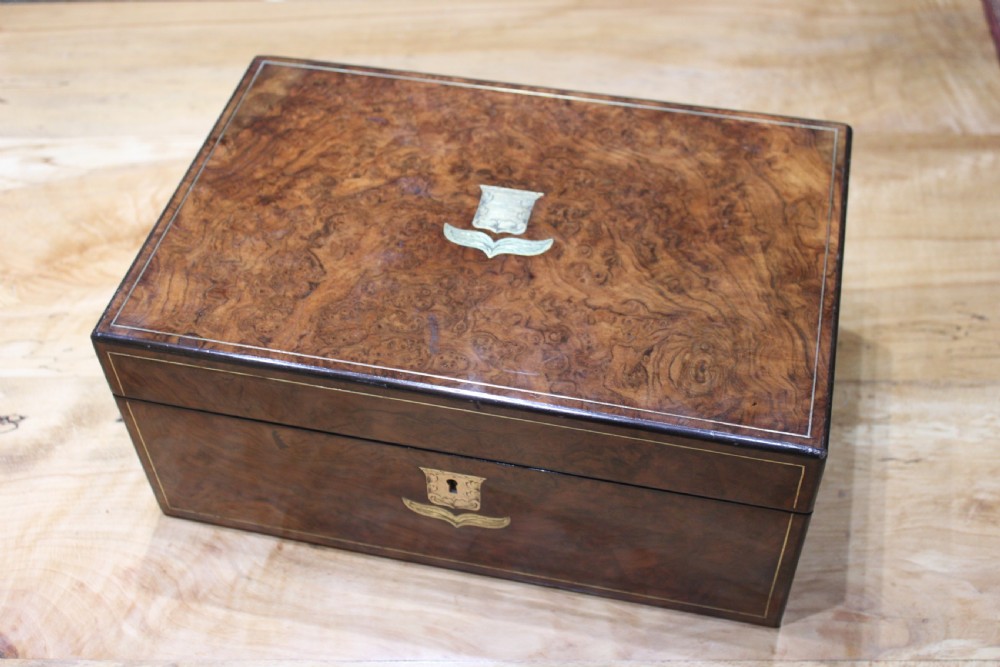 Antique Victorian burr walnut and brass inlaid writing slope. View IV