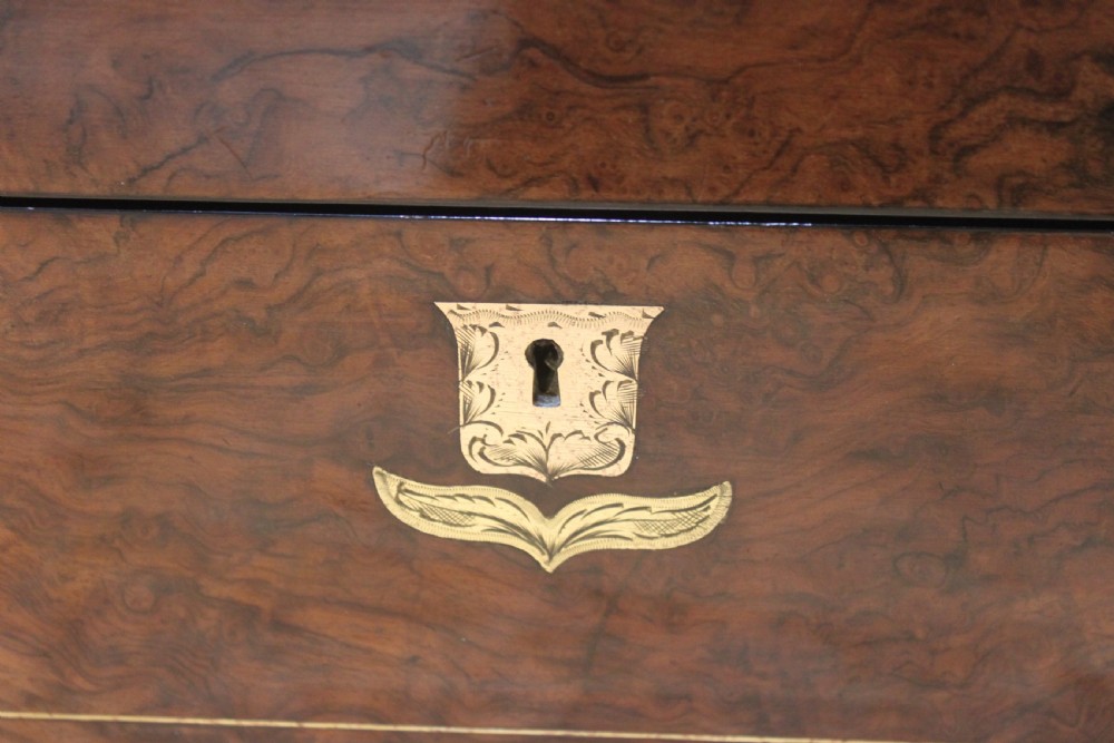 Antique Victorian burr walnut and brass inlaid writing slope. View V