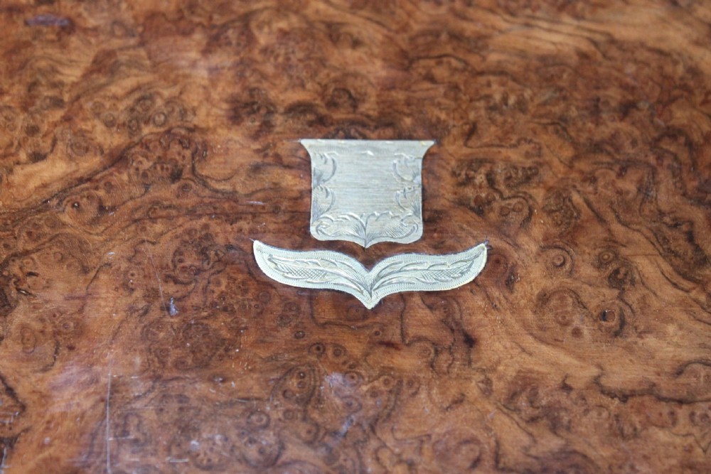 Antique Victorian burr walnut and brass inlaid writing slope. View VI