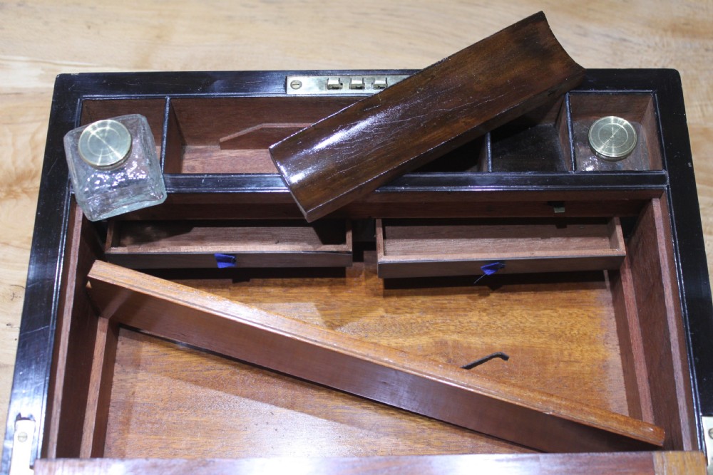 Antique Victorian burr walnut and brass inlaid writing slope. View IX