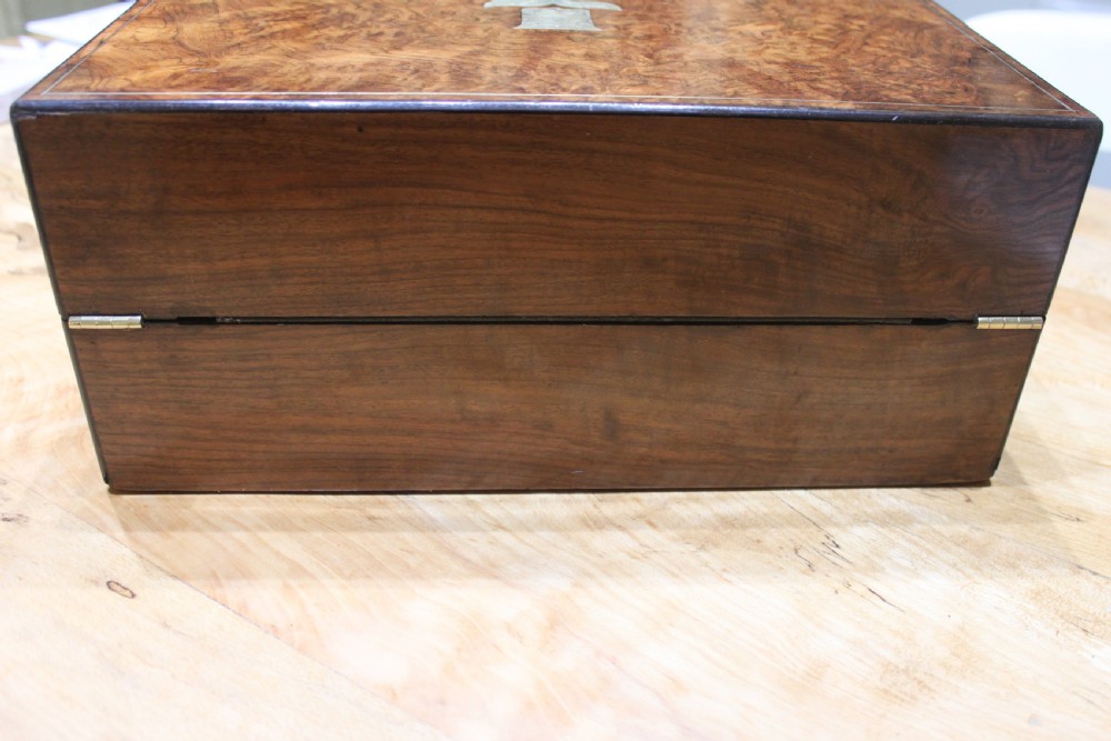 Antique Victorian burr walnut and brass inlaid writing slope. View XI