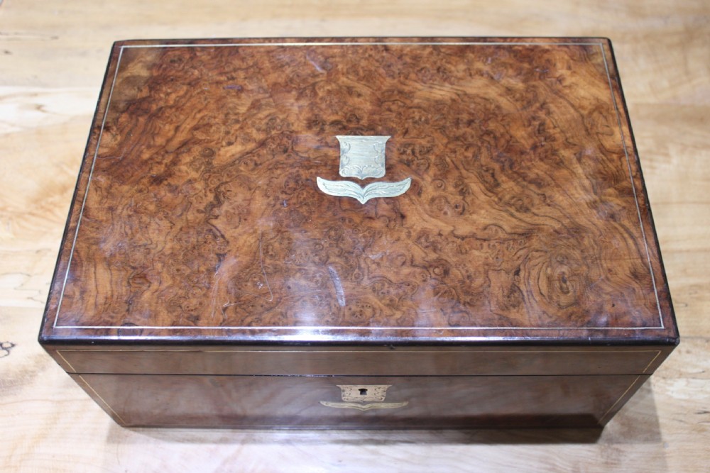 Antique Victorian burr walnut and brass inlaid writing slope. View XIV