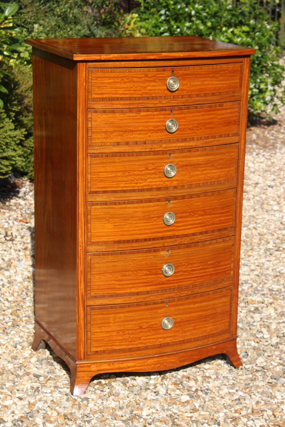 A tall Sheraton Revival satinwood bow front chest featuring six drawers with inlaid crossbanded borders, central brass ring handles, and splayed bracket feet. View II
