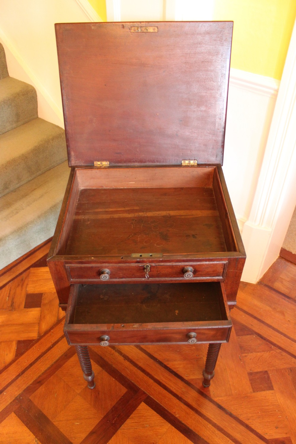 Georgian mahogany and rosewood banded work table View II