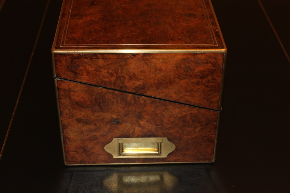 A 19th. century top quality burr walnut and brass inlaid writing slope. View IV