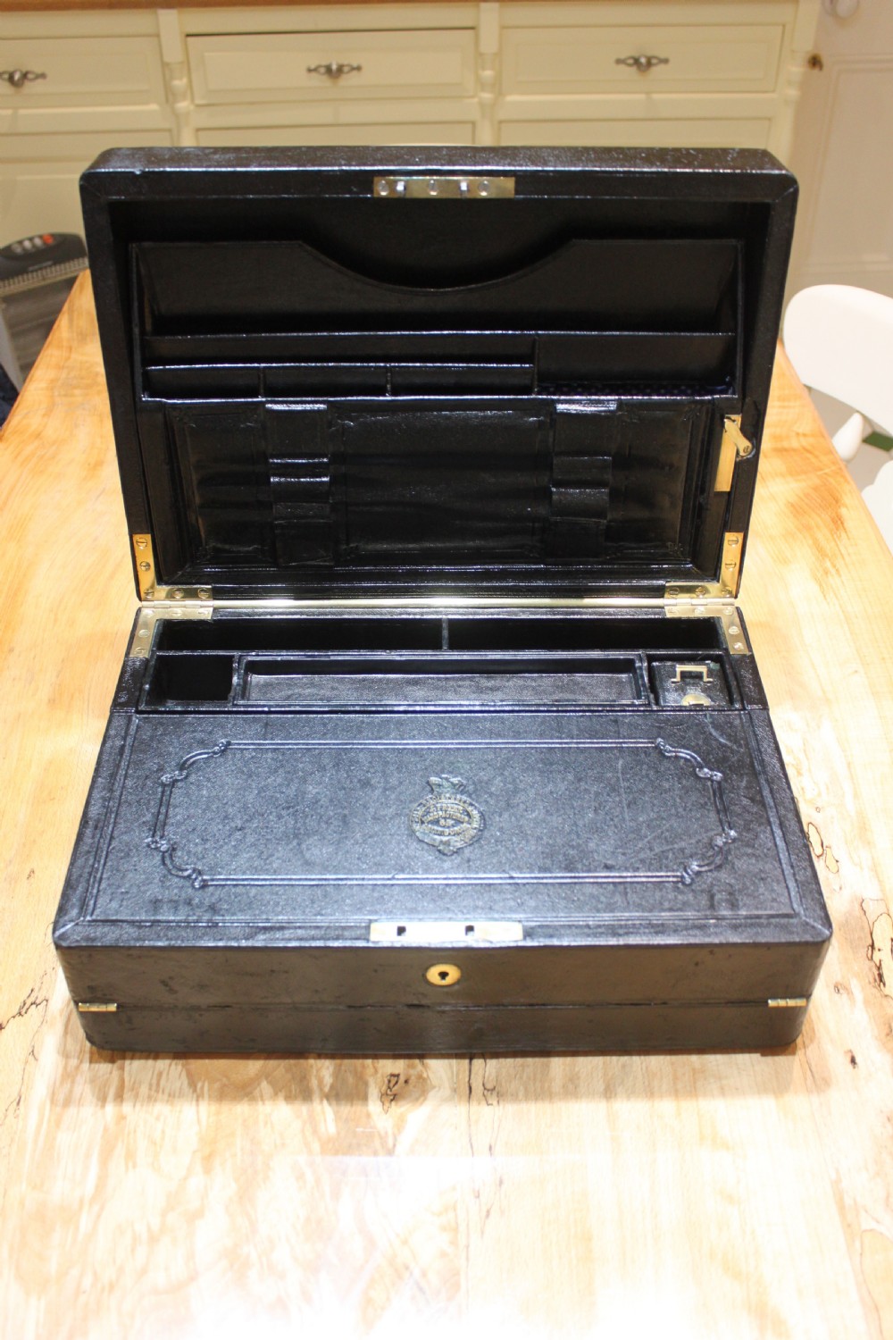 A rare black leather bound writing slope by J Fryer, Charing Cross, London. View V