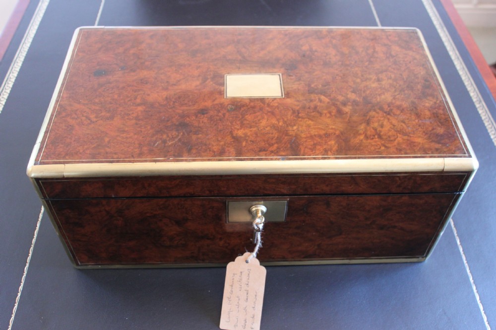 Victorian burr walnut writing slope with Bramah lock