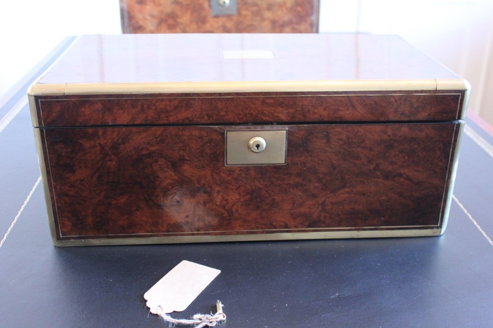 Victorian burr walnut writing slope with Bramah lock View XIX