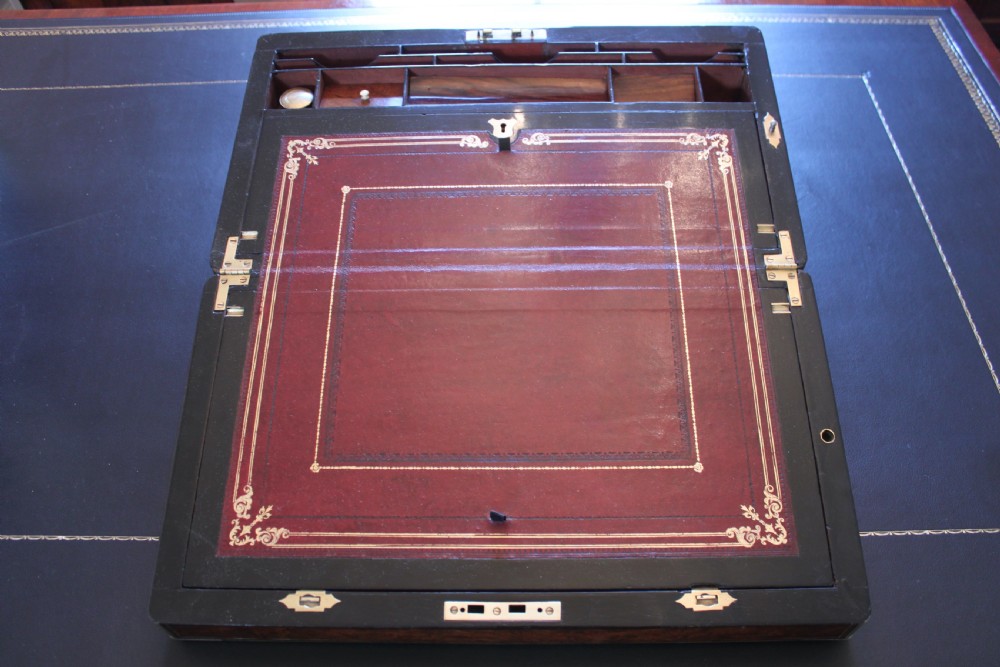 Victorian burr walnut writing slope with Bramah lock View XXVIII