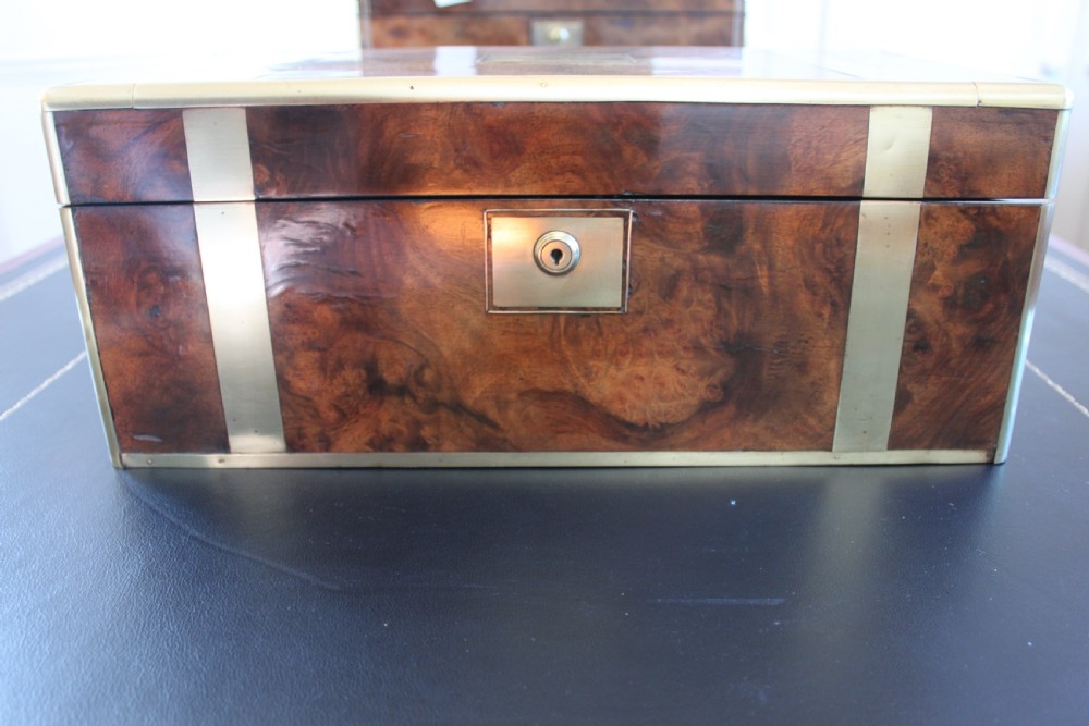 A fine Victorian burr walnut and brass bound writing slope. View II