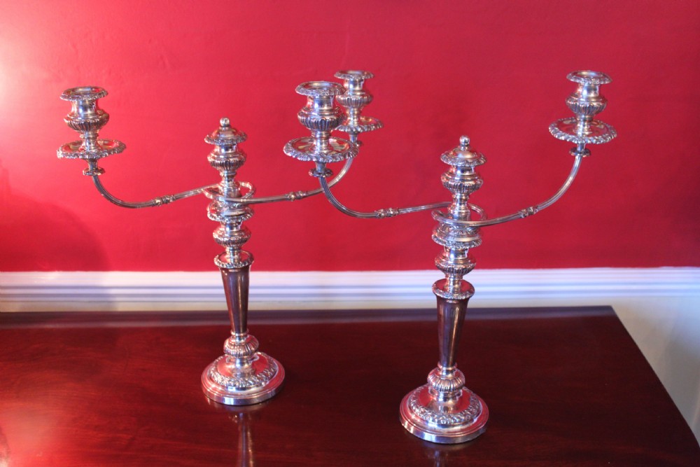 A pair of silver-plated three-light candelabra featuring classical turned column stems, gadrooned borders, and twin curved branches.