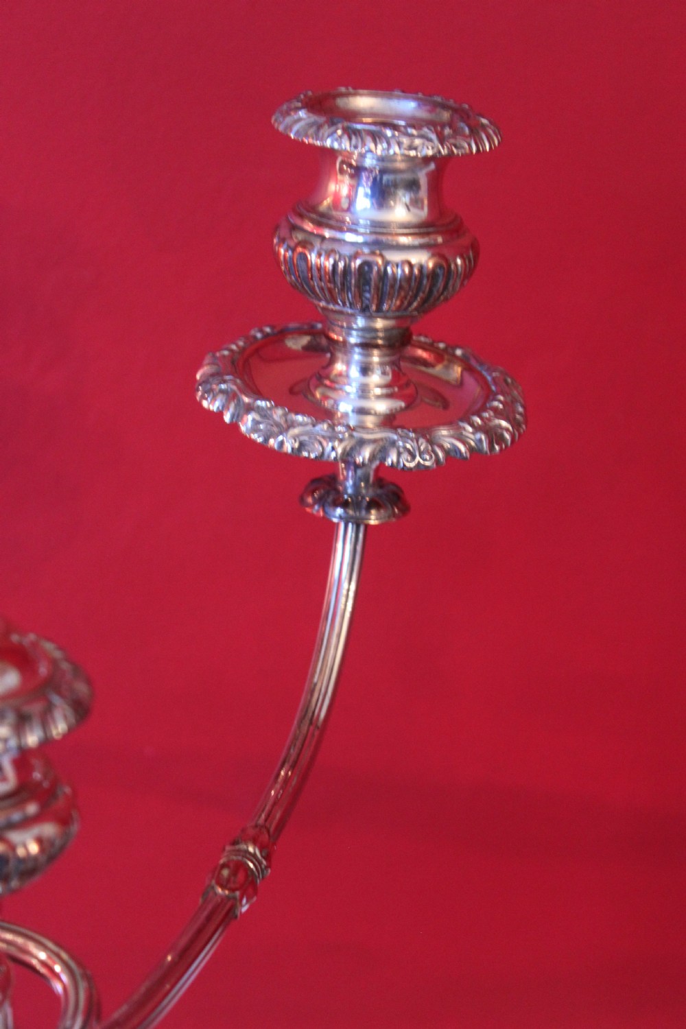 A pair of silver-plated three-light candelabra featuring classical turned column stems, gadrooned borders, and twin curved branches. View VIII