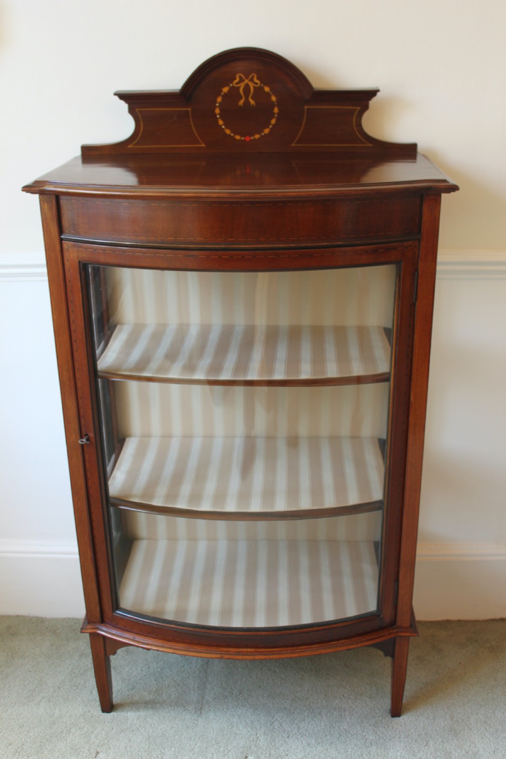 Edwardian mahogany and inlaid bow front display cabinet View II