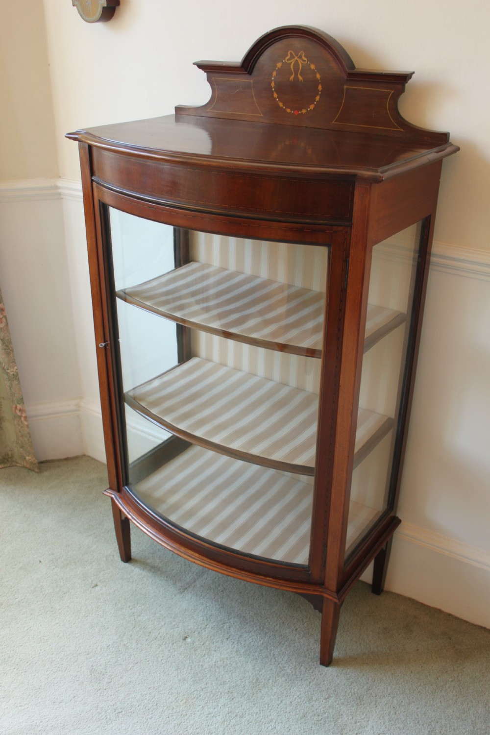 Edwardian mahogany and inlaid bow front display cabinet View III