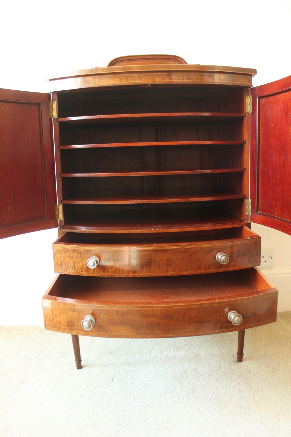 A fine quality Edwardian inlaid bowfront mahogany music cabinet. View VII