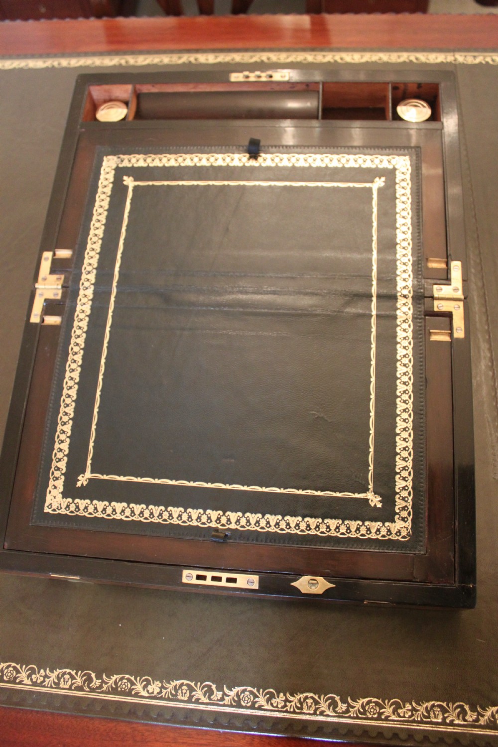 A fine Victorian burr walnut and brass bound writing slope.  View VII