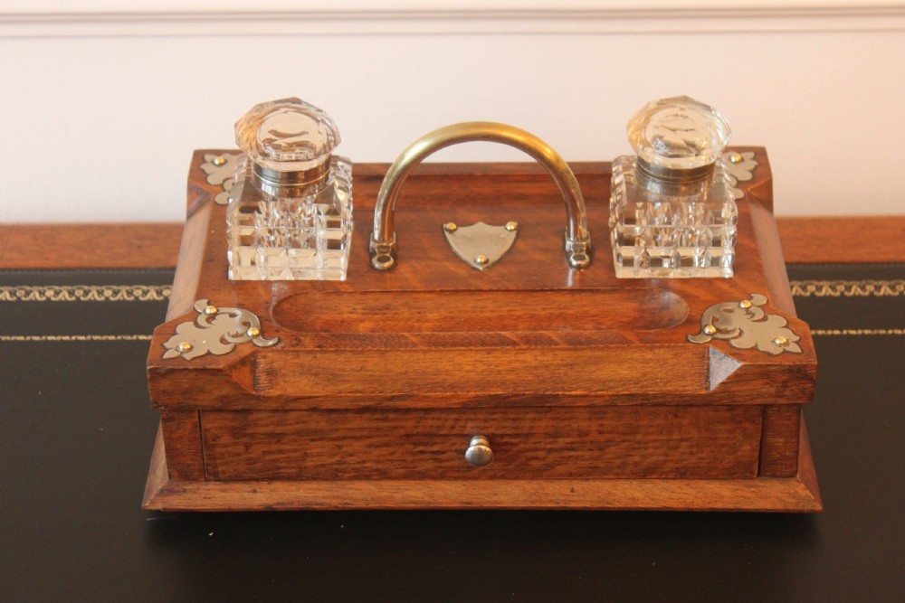 Victorian oak ink standish with drawer