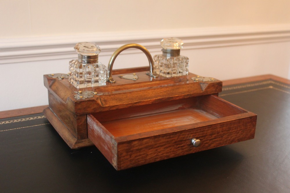 Victorian oak ink standish with drawer View II