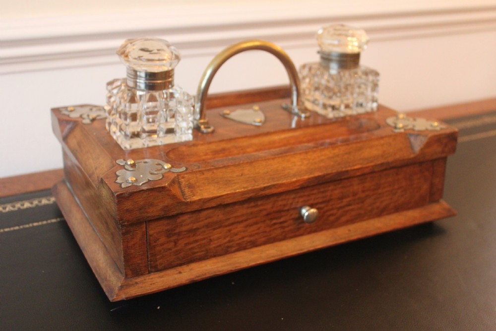 Victorian oak ink standish with drawer View III