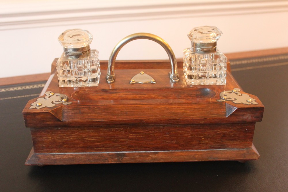 Victorian oak ink standish with drawer View IV