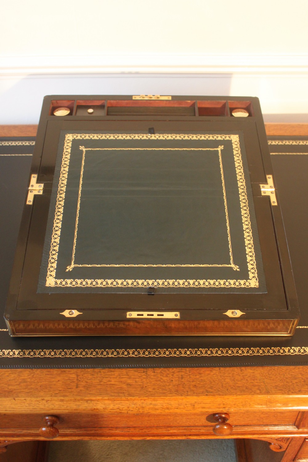 Victorian walnut brass bound writing slope View XII