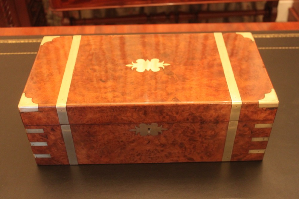 Victorian brass bound burr walnut writing slope