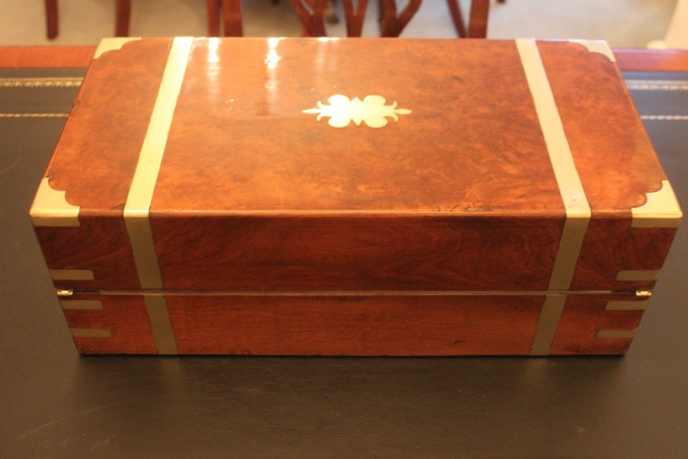 Victorian brass bound burr walnut writing slope View V