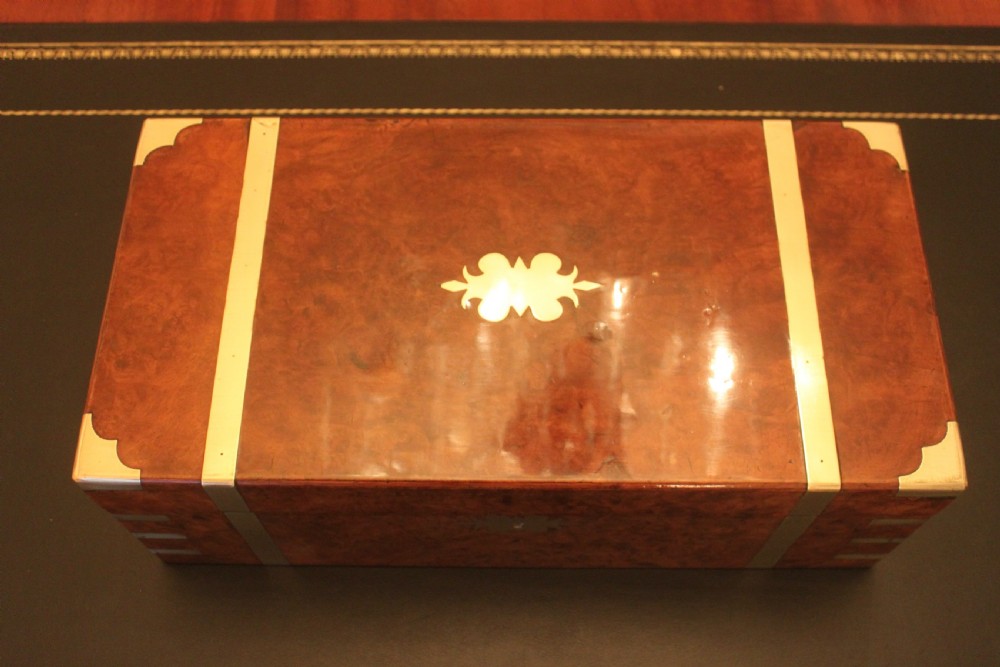 Victorian brass bound burr walnut writing slope View XII