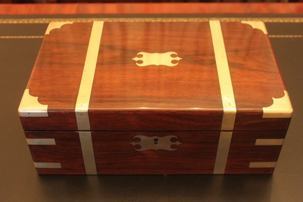 Victorian rosewood brass bound writing slope with secret drawers
