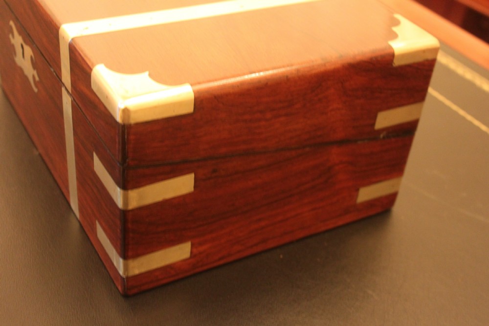 Victorian rosewood brass bound writing slope with secret drawers View VI