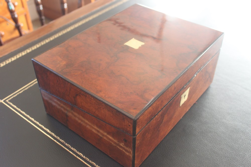 Victorian burr walnut writing slope with secret drawers View II