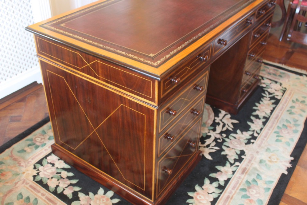 Mahogany inlaid Sheraton style pedestal desk View II
