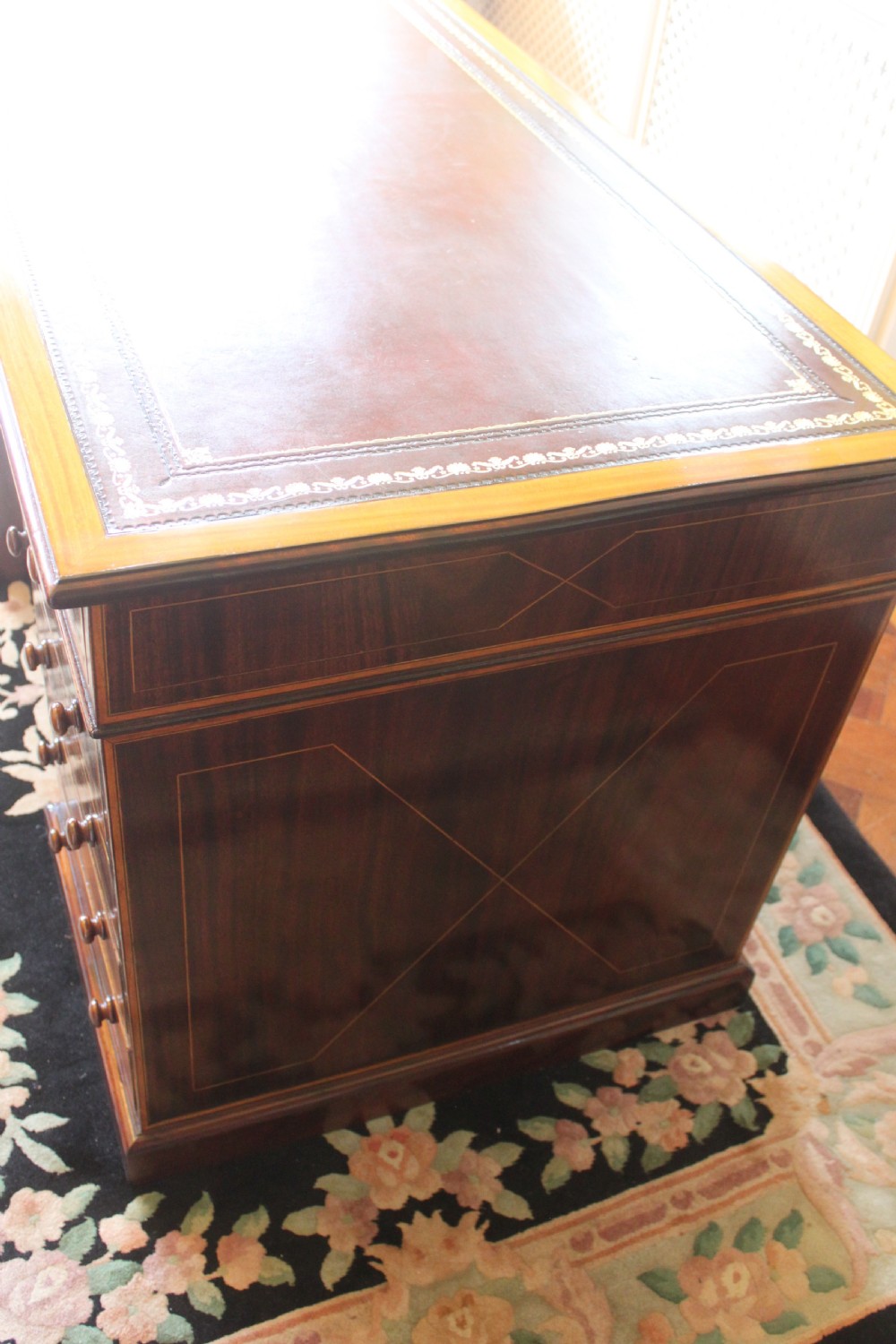 Mahogany inlaid Sheraton style pedestal desk View III