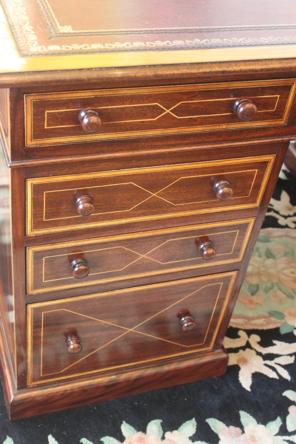 Mahogany inlaid Sheraton style pedestal desk View VI