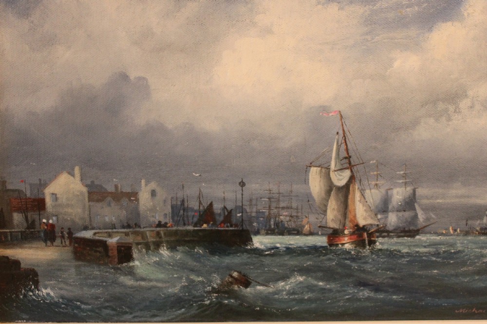 A framed oil on board painting depicting sailing vessels navigating choppy harbour waters under a cloudy sky. View II
