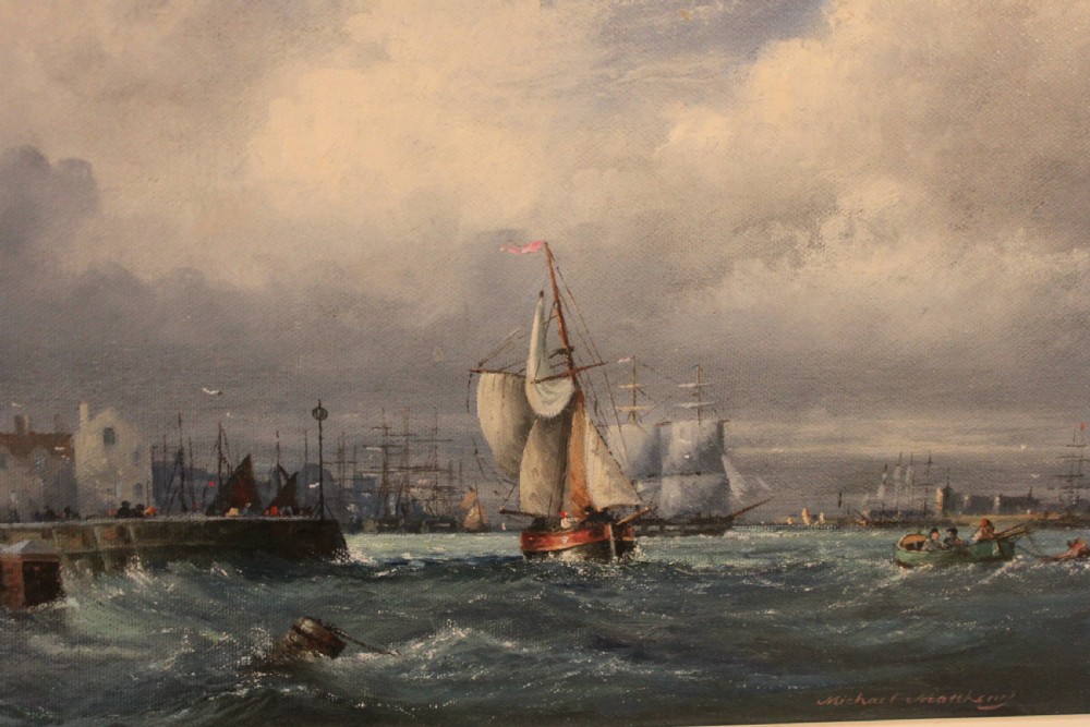 A framed oil on board painting depicting sailing vessels navigating choppy harbour waters under a cloudy sky. View III