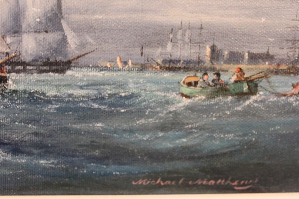 A framed oil on board painting depicting sailing vessels navigating choppy harbour waters under a cloudy sky. View IV