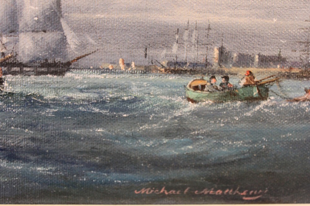 A framed oil on board painting depicting sailing vessels navigating choppy harbour waters under a cloudy sky. View V