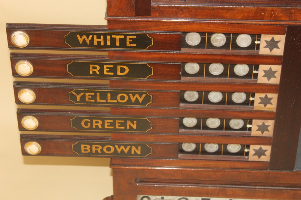An antique mahogany snooker and life pool scoreboard featuring rolling number dials, colour name plaques, and a central slate panel. View V