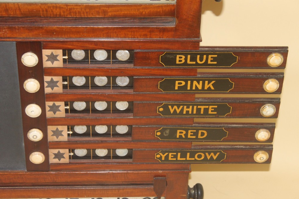 An antique mahogany snooker and life pool scoreboard featuring rolling number dials, colour name plaques, and a central slate panel. View VI