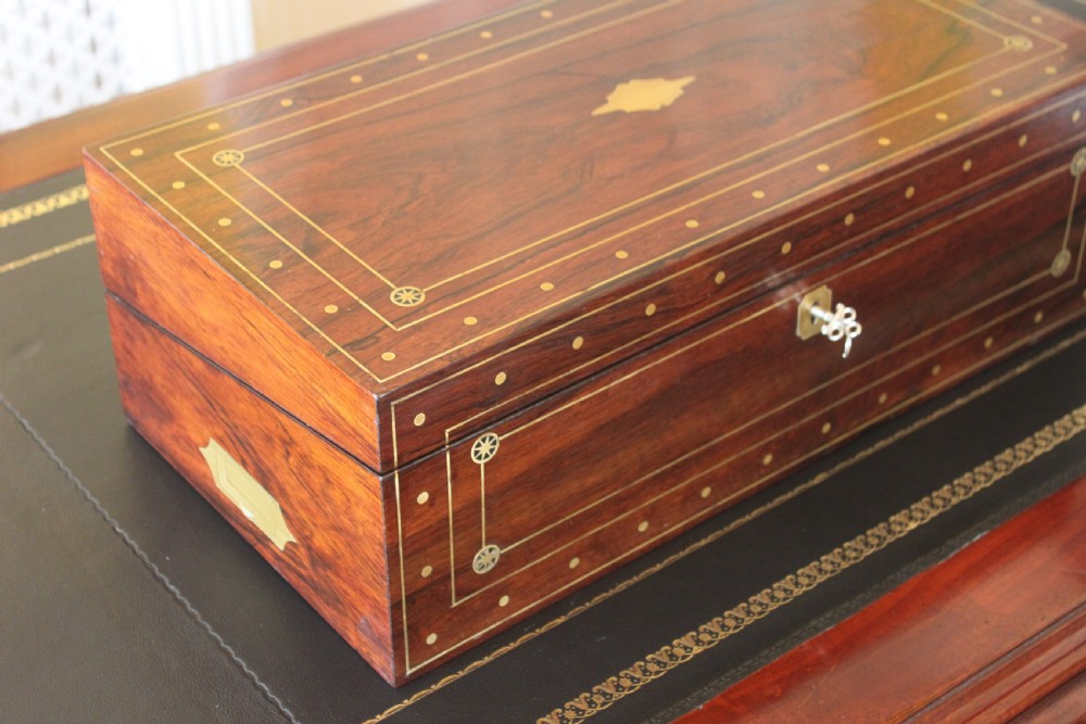 Regency rosewood and brass inlaid writing slope View II