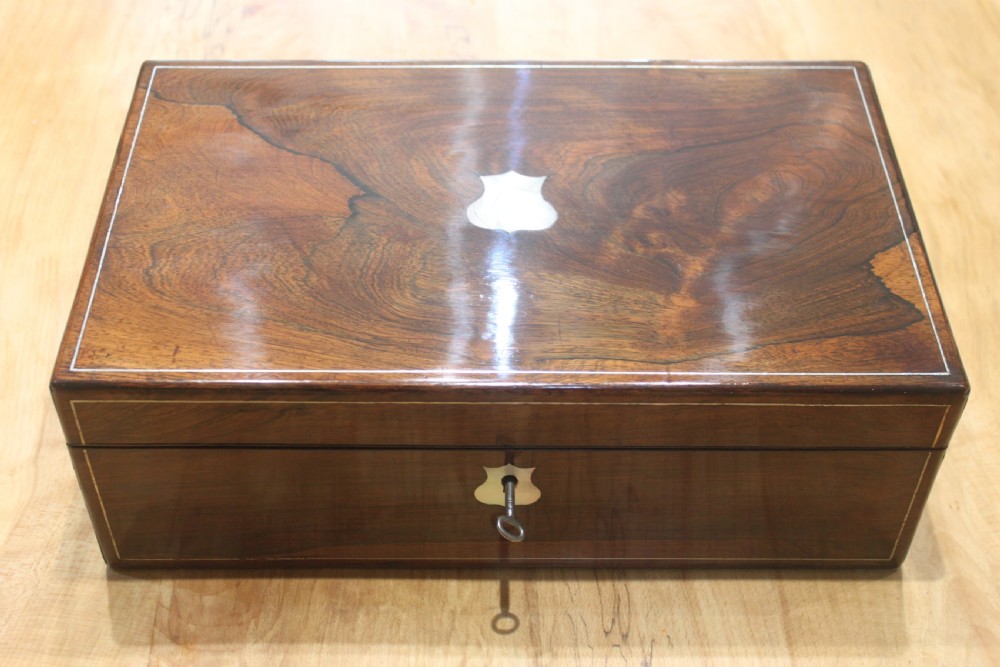 Victorian rosewood and pewter line inlaid writing slope