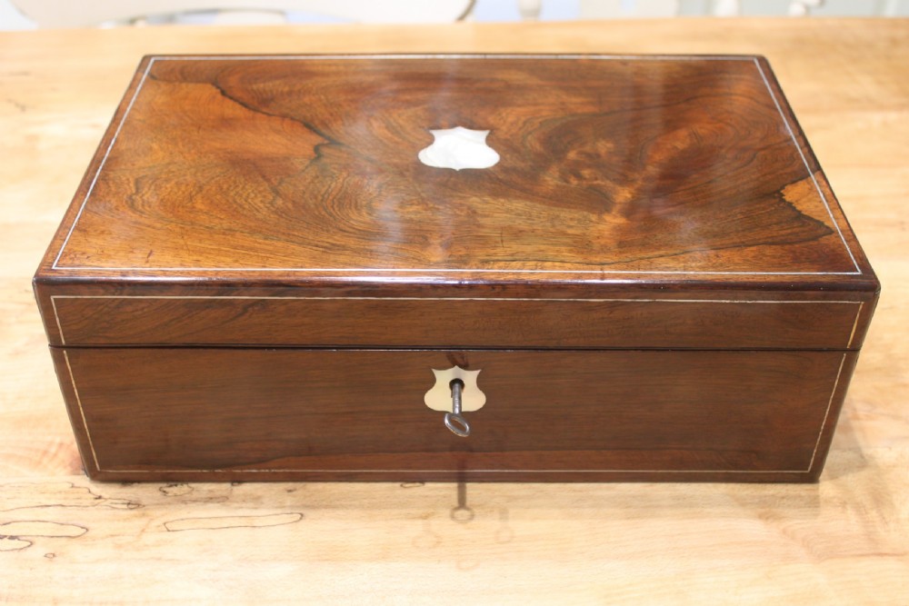 Victorian rosewood and pewter line inlaid writing slope View II