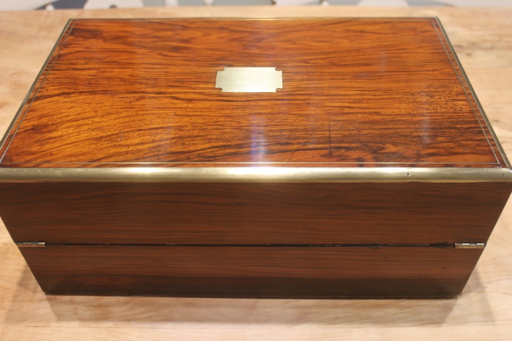 Writing slope burr walnut, brass bound with secret drawers View V