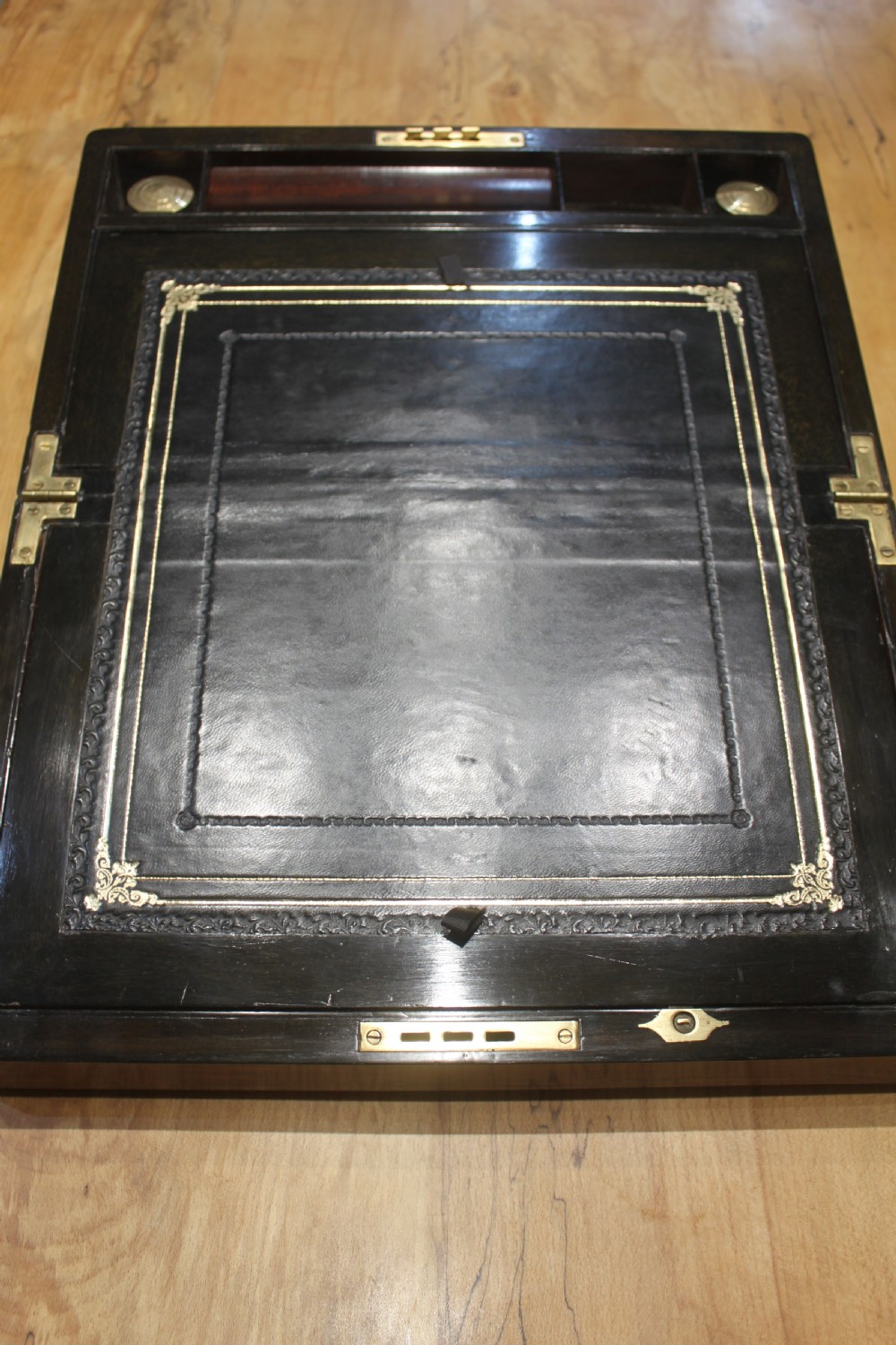 Writing slope burr walnut, brass bound with secret drawers View VII