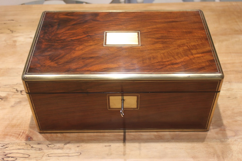Victorian walnut writing slope, brass bound with secret drawers