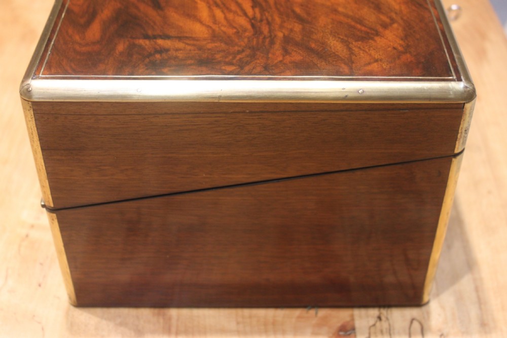 Victorian walnut writing slope, brass bound with secret drawers View II