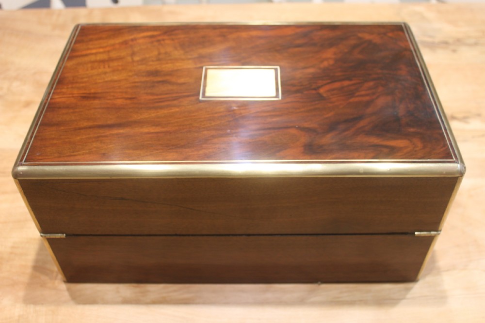 Victorian walnut writing slope, brass bound with secret drawers View III