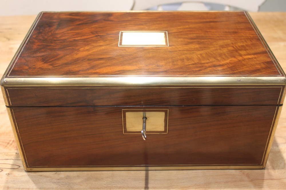 Victorian walnut writing slope, brass bound with secret drawers View IV