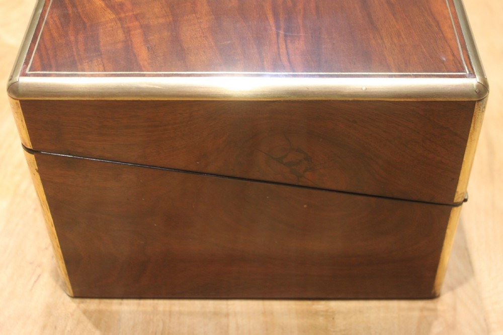 Victorian walnut writing slope, brass bound with secret drawers View VI